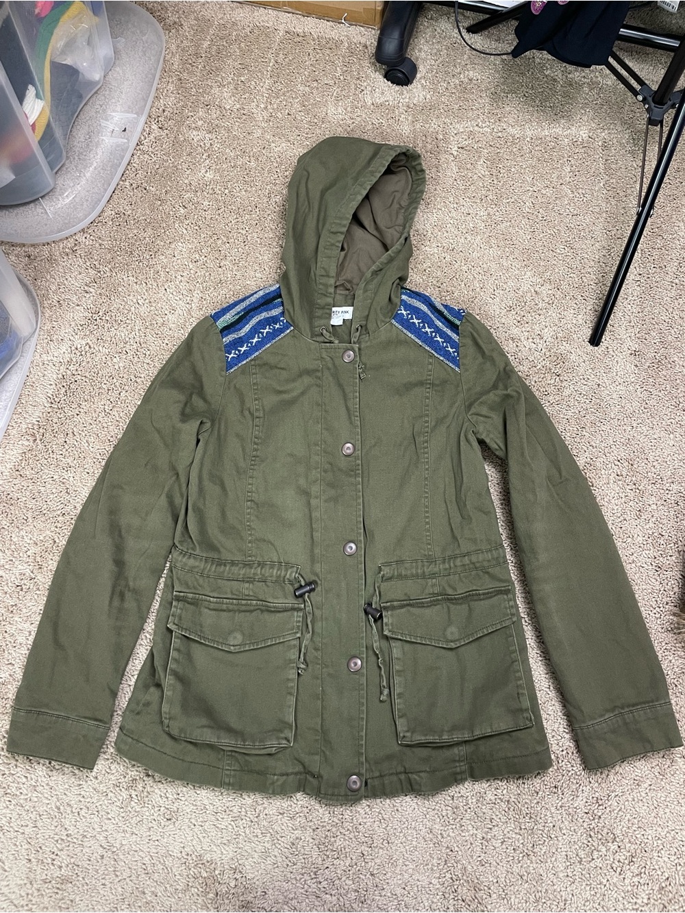 Celebrity Pink Olive Green Hooded Utility Jacket with Blue Shoulder Embroidery